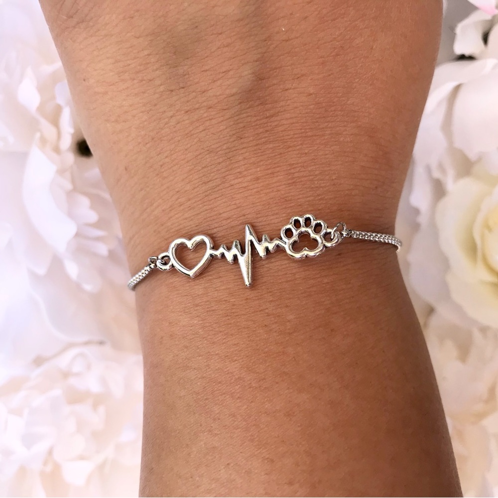 Paw Print Heartbeat Silver Adjustable Bracelet NWT